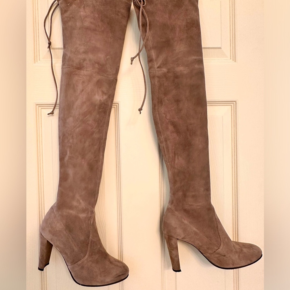 Stuart Weitzman over the knee suede tan boots .